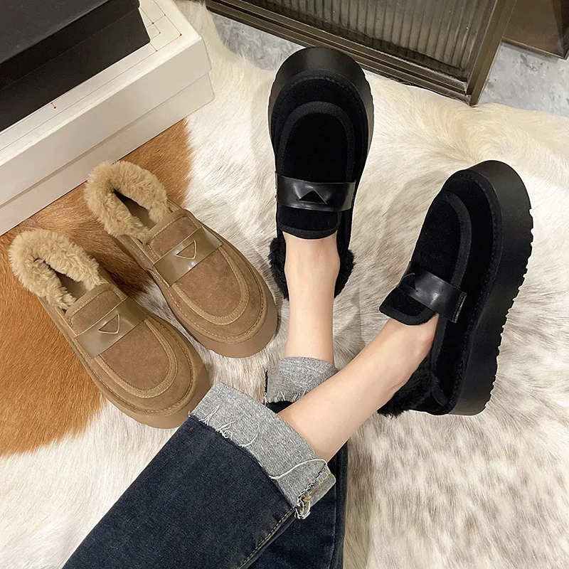 Winter Cotton Shoes Women Retro Round Head Plus Fleece Thick Bottom Warm Woolen Shoes New Fashion Slip-on Flat Cotton Shoes