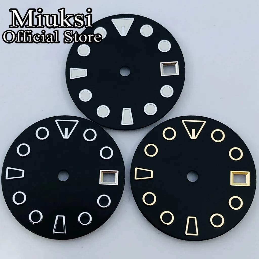 Miuksi 28.5mm black sterile watch dial fit NH35 movement fit 3 o'clock crown 3.8 o'clock crown