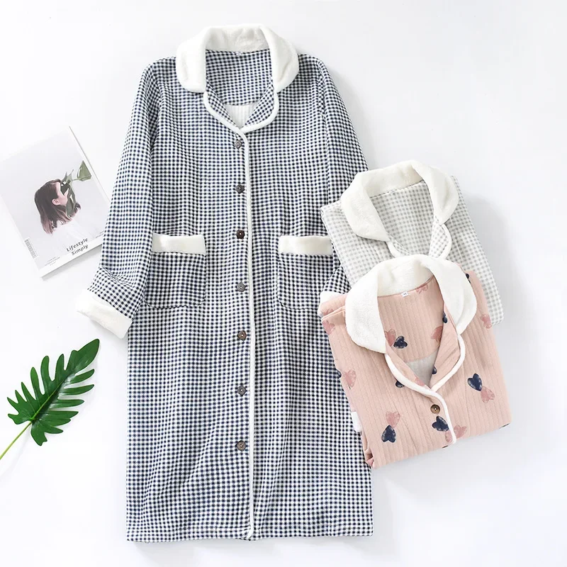 Japonês novo estilo camisola feminina outono e inverno puro algodão ar camada de algodão grosso saia longa bonito roupão casa saia