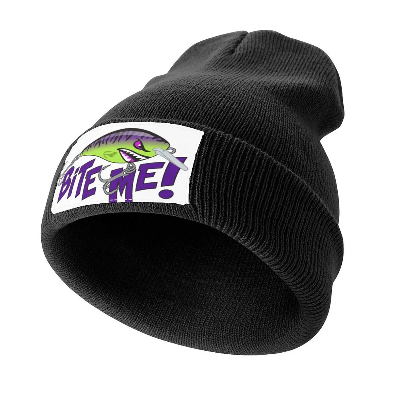 Bite Me Fishing Lure Sticker - Tiger Pattern in Purple Chartreuse Knitted Cap Big Size Hat Icon Bobble Hat Women Men's