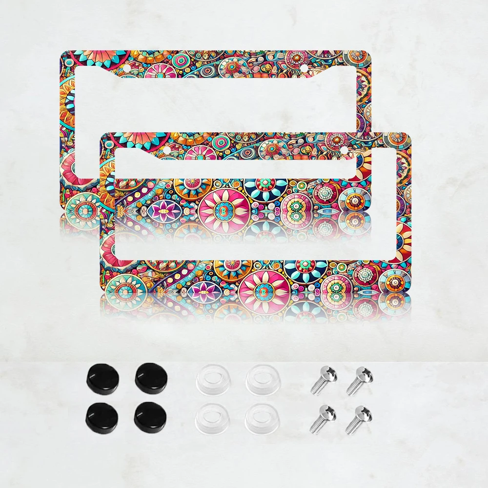 

2 шт. Алюминиевые рамки для номерных знаков мотоциклов в мексиканском стиле с мандалами и цветами - 6 x 12 дюймов, стандартный размер США