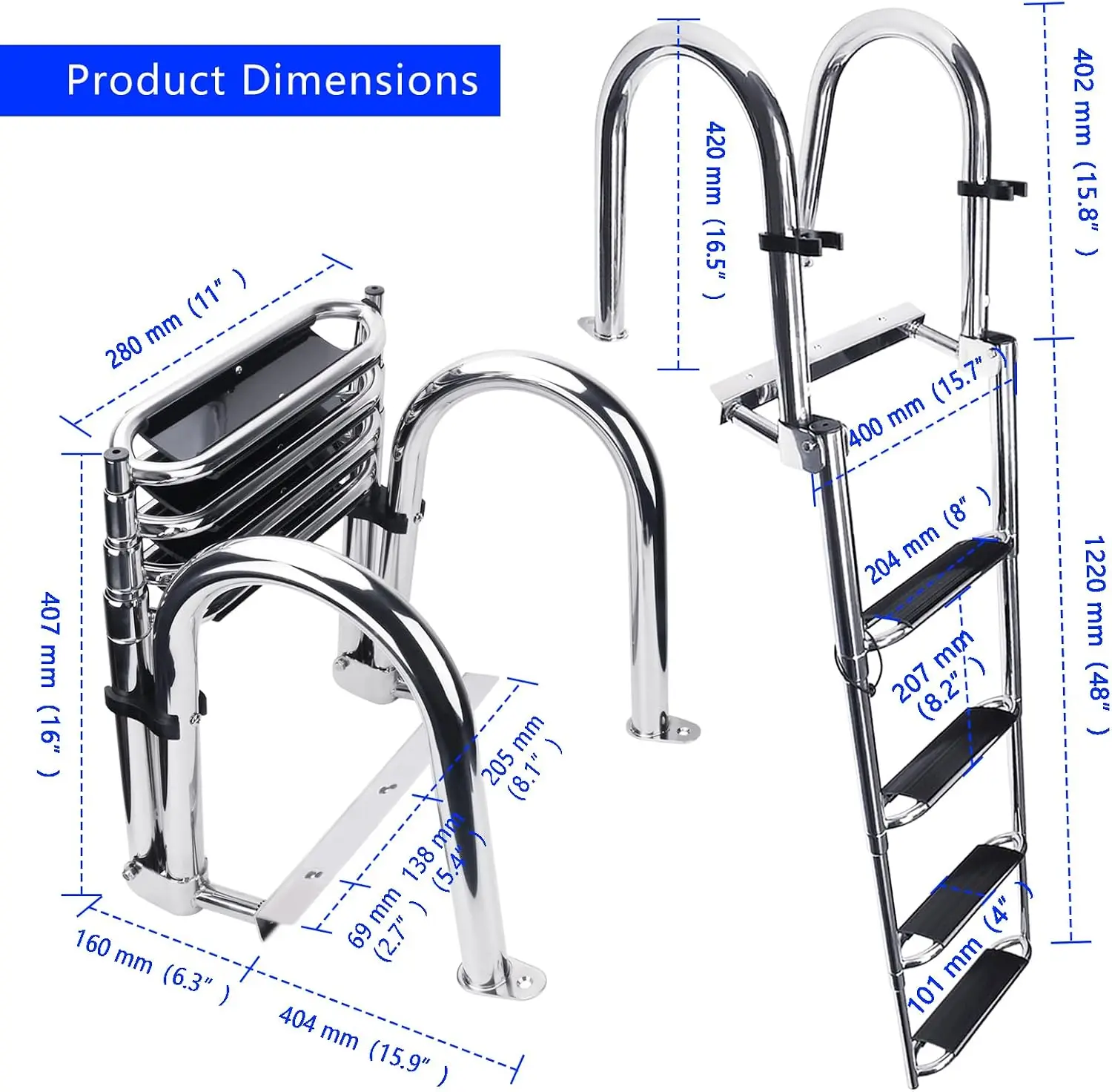316 Stainless Steel 4 Step Pontoon Boat Ladder, Folding Telescoping Rear Entry, Wide Steps & Handrails, 600 lbs Capacity