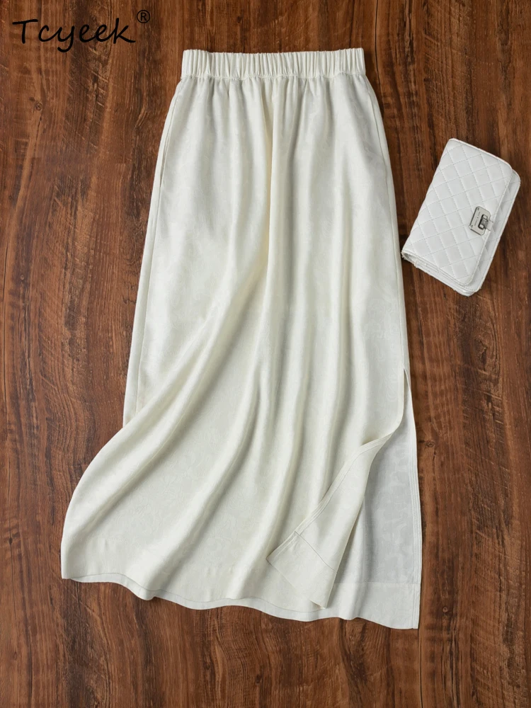Tcyeek 100% Mulberry Silk Elegant Skirts for Women Elastic Waist White Skirts Woman Jupe Femme Split Skirt Summer Clothes 2026