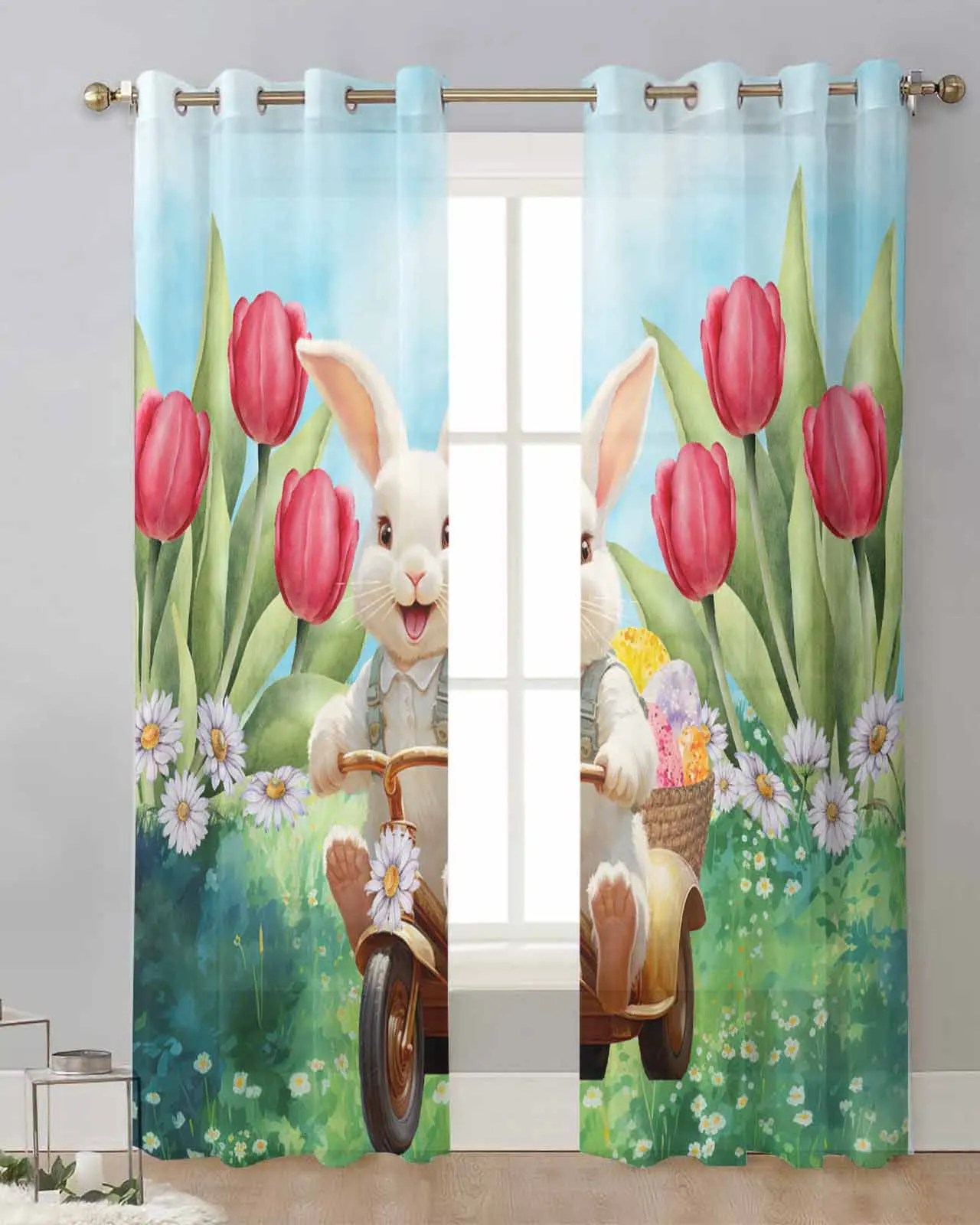 Easter Bunny Tulips Daisies Sheer Tulle Curtain Children Bedroom Curtains Living Room Window Treatment Voile Drape