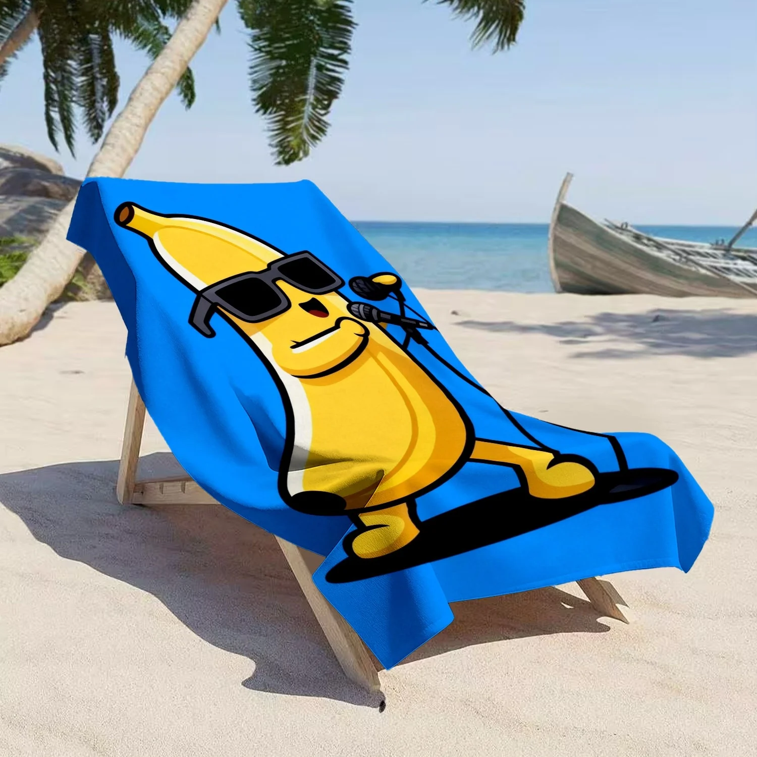 Vibrant Blue Banana Beach Towel, Cool Karaoke Banana with Sunglasses & Mic Print Bath Towel, Playful Summer Essential 1pcs
