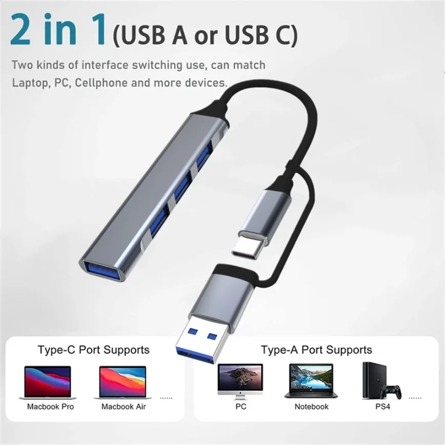 4-IN-2 USB 3.0 Hub Type-C Hub USB 3.0+2.0 Splitter Expander High-Speed Data Transfer for PC Laptop Flash Drive Mobile HDD etc.