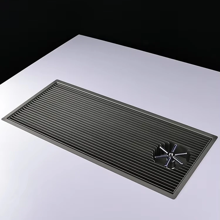 Stainless steel hand-brewed coffee table with flat drain tray with embedded tea sink and coaster ring overall design