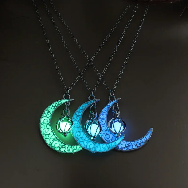 2024 Moon Glowing Necklace Gem Charm Jewelry Silver Plated Women Halloween Pendant Hollow Luminous Stone Pendant Necklace Gifts