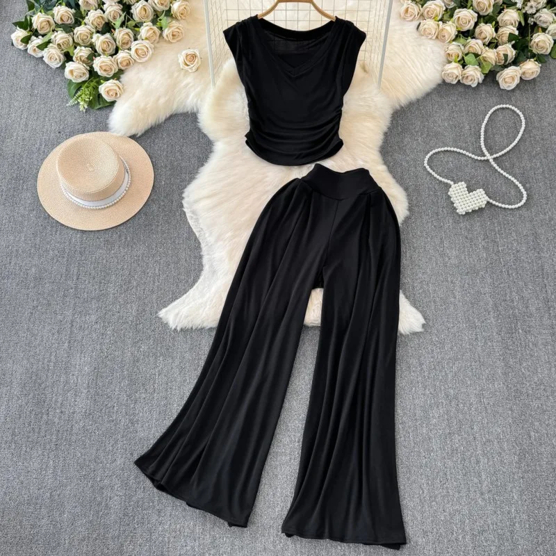 Summer Women Fashion New Solid Chic Pantsuit Vintage Casual Crop Tops Wide-Leg Pants Two Pieces Set Female Clothes New Outfits