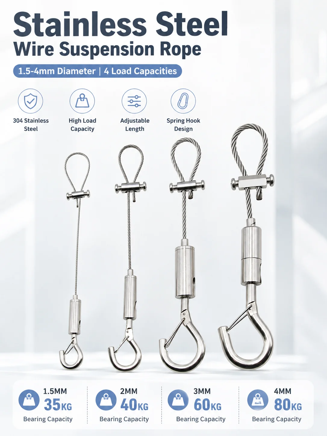 1-4pcs 304 Stainless Steel Wire Rope Hanging Cable with Self Locking Hook Adjustable Picture Sign Display Suspension Wire 0.5-3m
