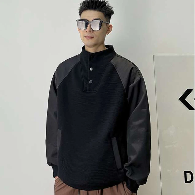 Spring Stand Men Long Sleeve Sweatshirt Hit Color Spliced Pocket Street Fashion Casual Handsome Boy 2xl Oversized Clothing Black