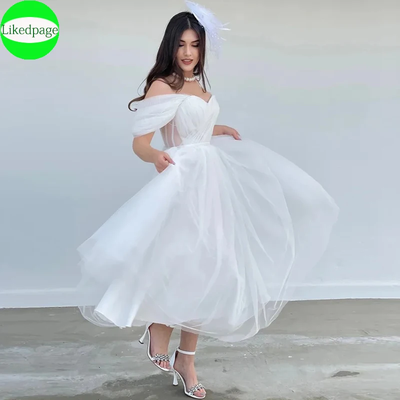 

Tulle Off the Shoulder A-line Wedding Dresses White Sweetheart Bow Lace Up Bridal Gowns Elegant Pleats