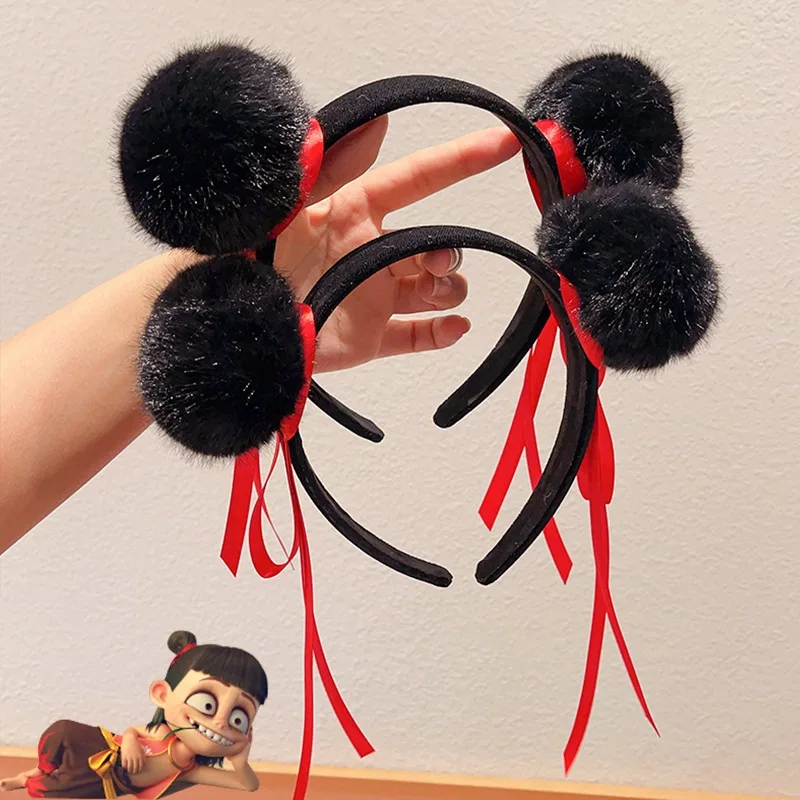 Nezha Cosplay Diadema para niños con bola de lana Decoración para el cabello Diadema unisex Mismo estilo que el niño mágico Nezha Ocean Travieso