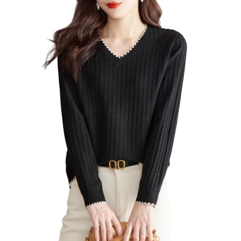 Women Sweater 2025 New Women's Autumn Winter Long Sleeve T Shirt V Neck Knit Top Loose Fit Age Reducing Fashion Inner Wear 5