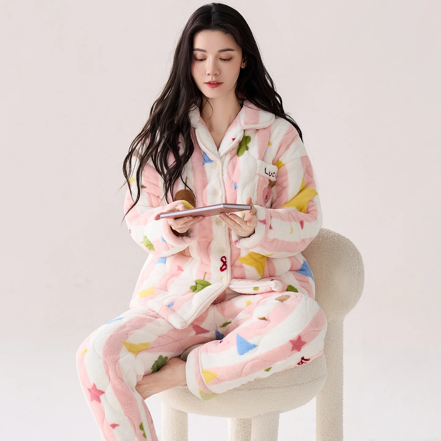 

Winter Women Pajamas Set 3 Layer Clip Cotton Pijama Female Thick Turn-down Collar Sleepwear