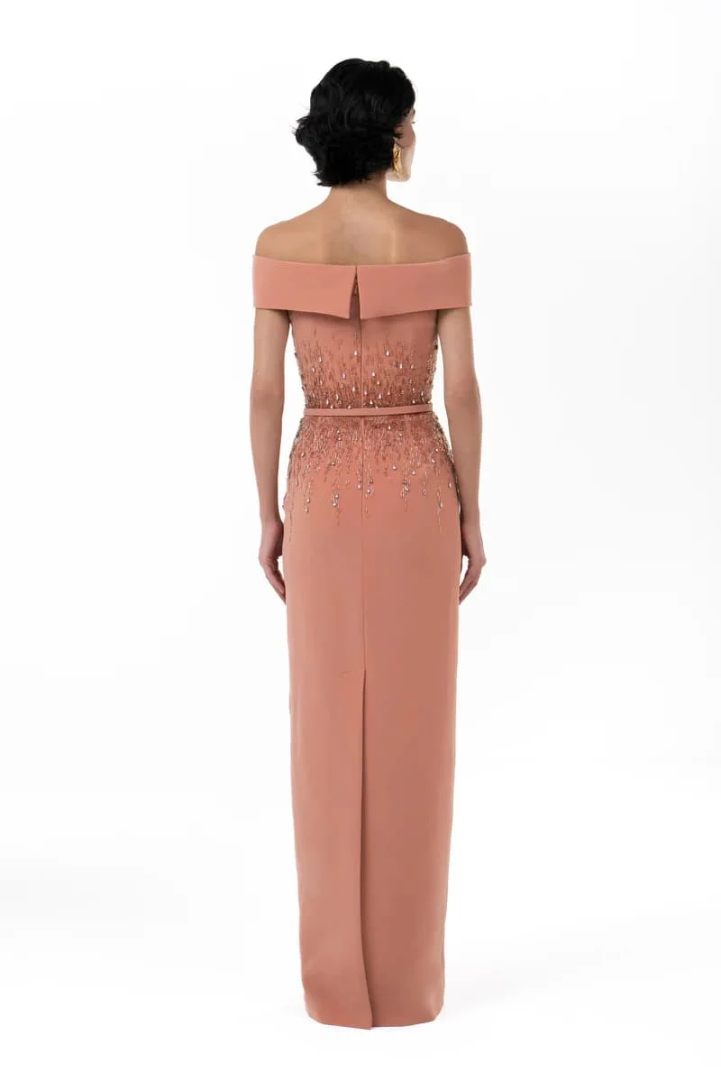 Customized Off Shoulder Sheath Evening Dress Gradient Rhinestone Embroidery Waist Belt Floor Length Formal Banquet Maxi Gown