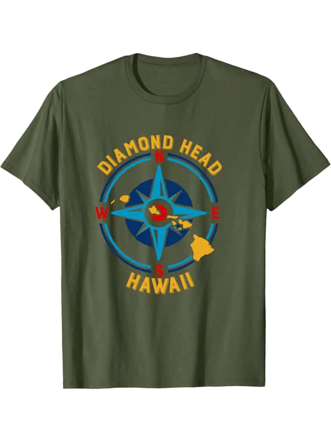 Hawaiian Diamond Head & Compass Rose Map Print T-Shirt 100% Cotton O-Neck Short Sleeve Summer Casual Mens T-shirt Streetwear