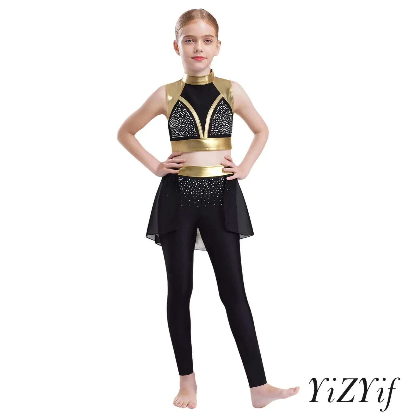 

2pcs Girls Dance Performance Costume Mock Neck Sleeveless Cutout Back Shiny Rhinestones Color Block Metallic Crop Top with Pants