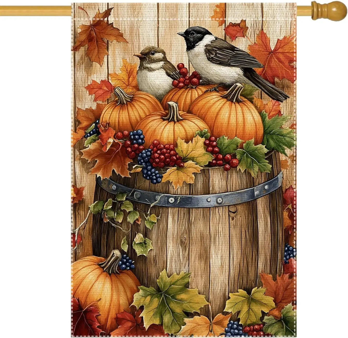 Fall Chickadee Garden Flag, Autumn Pumpkin Harvest Wooden Barrel Outdoor for Decor, Double Sided Burlap Maple Leaf Farmhouse kkz