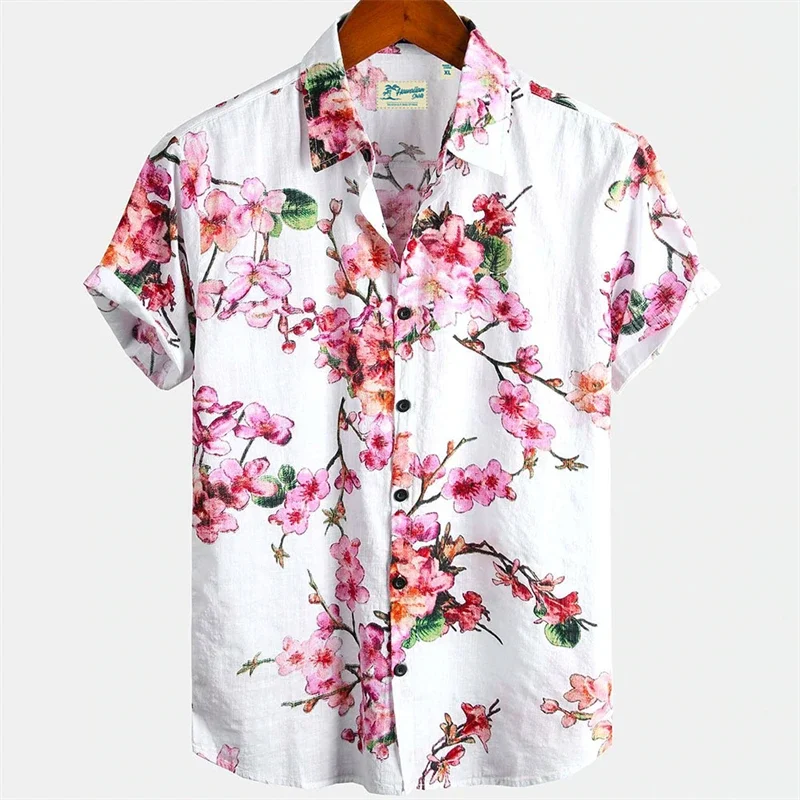 Camisa de manga curta estampada floral havaiana masculina, moda sexy praia plus size, camisa floral Harajuku casual, flor de ameixa, verão