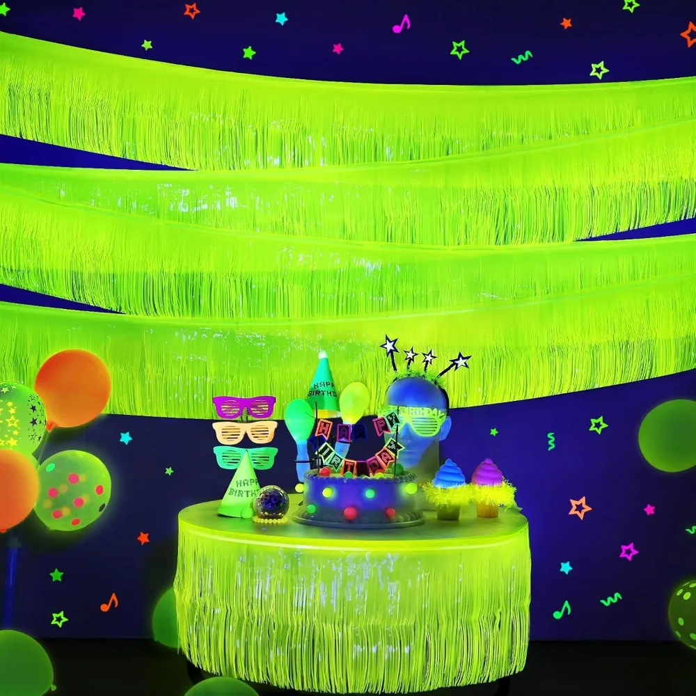 

Glow in The Dark Party Supplies, 4 Pack Foil Fringe Garland Birthday Party Decorations 9.8 ft Fluorescent Macaron Yellow
