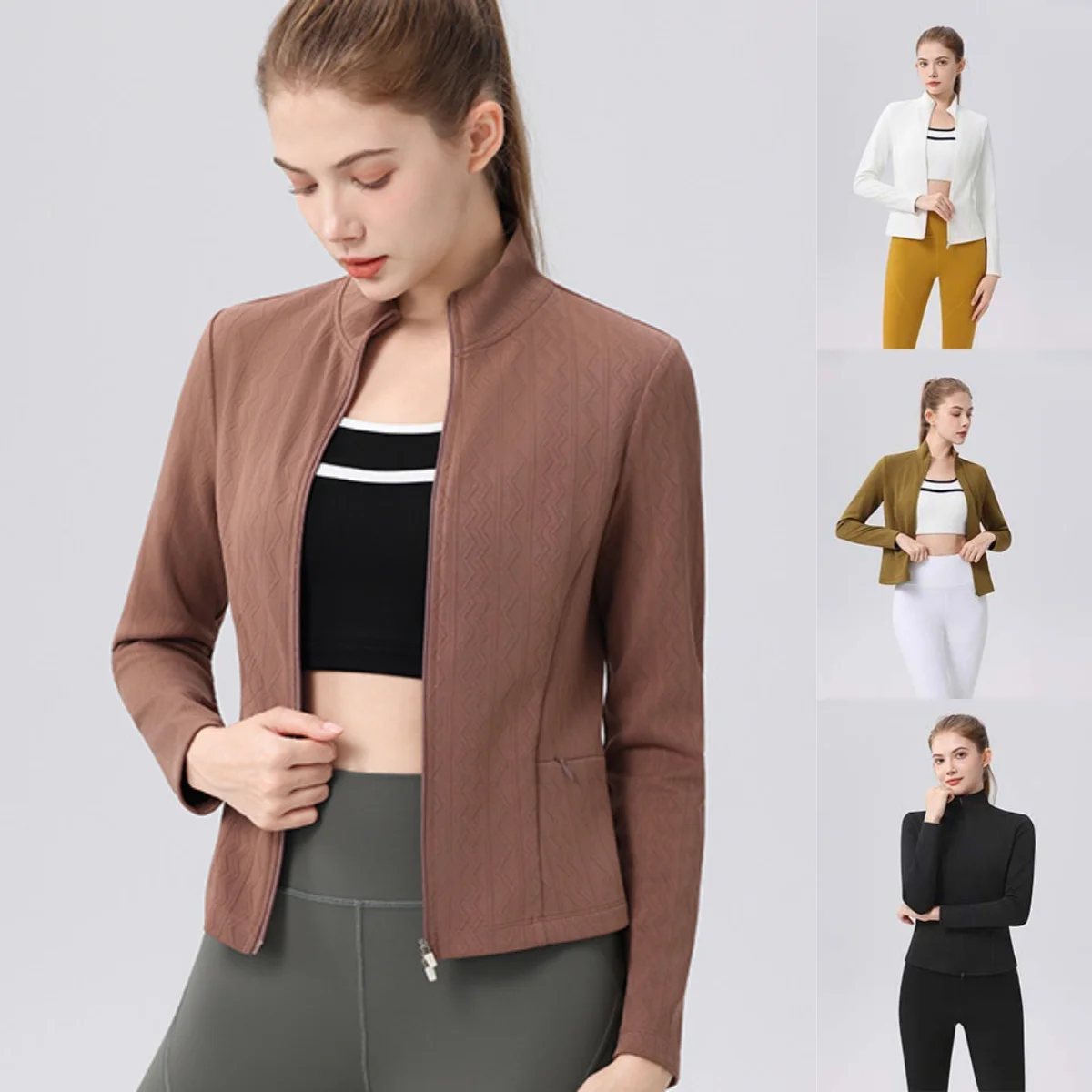 Autumn women's slim-fit yoga jacket fitness sports jacket tennis sports stand-up collar knitted  jacket Running Cycling Top