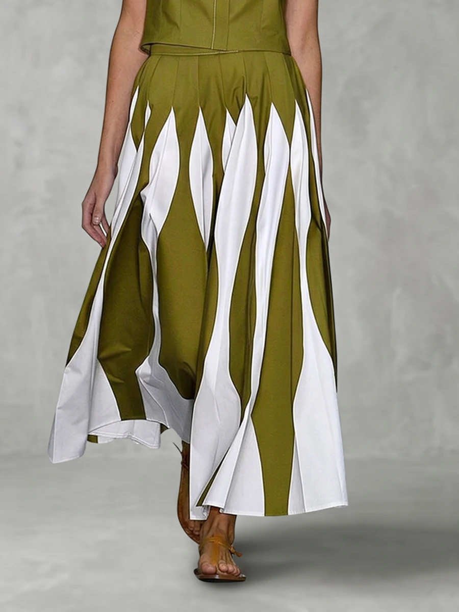 

Freeacy Women's Olive White Geometric Printed Maxi Skirt High Waist Pleated Flared A Line Swing Fashion Long Skirt Casual Bottom