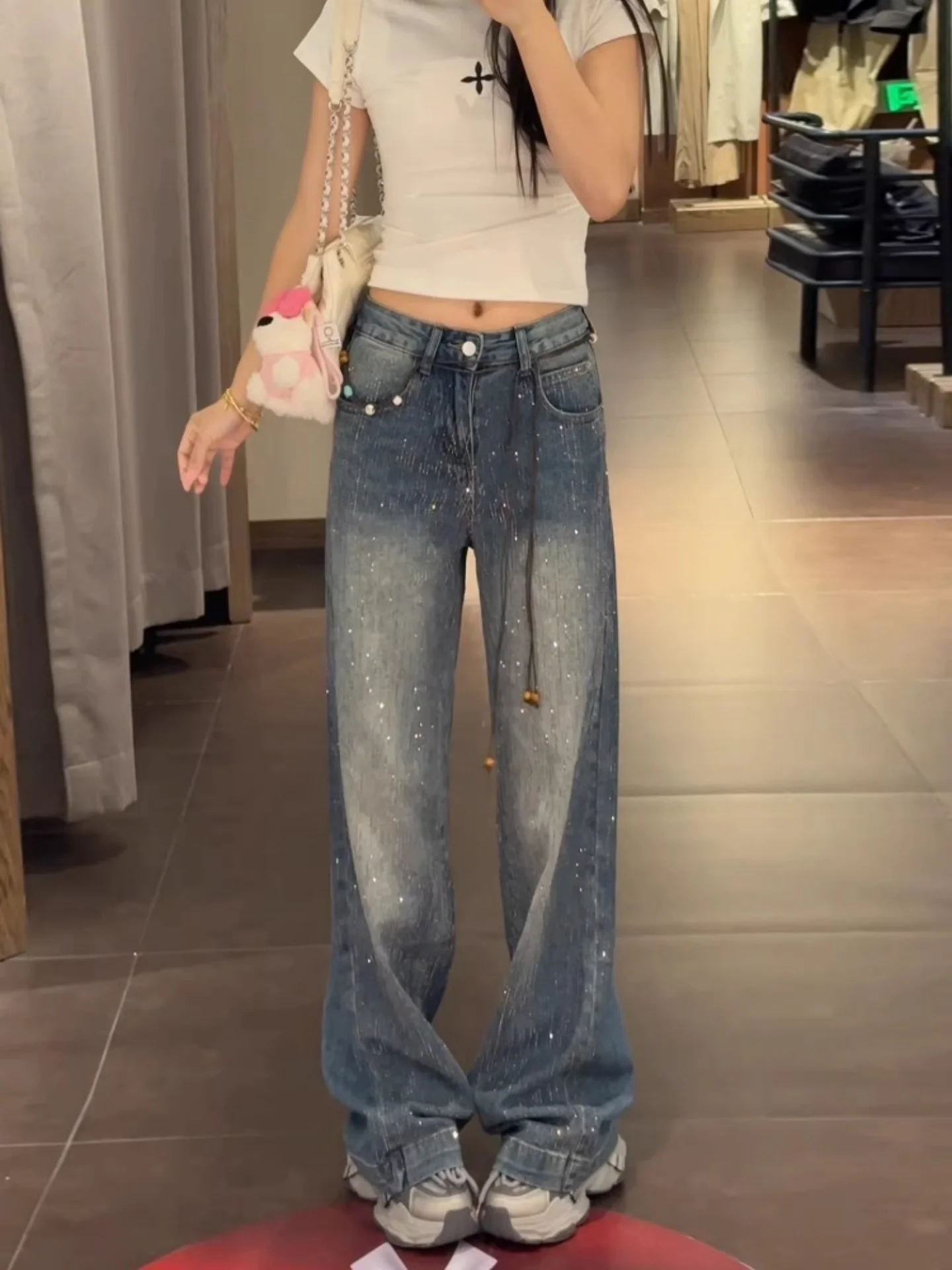 

Blue Heavy Duty Rhinestone Wide Leg Denim Jeans Women's Spring 2026 New Vintage High Waist Straight Floor-Length Pants
