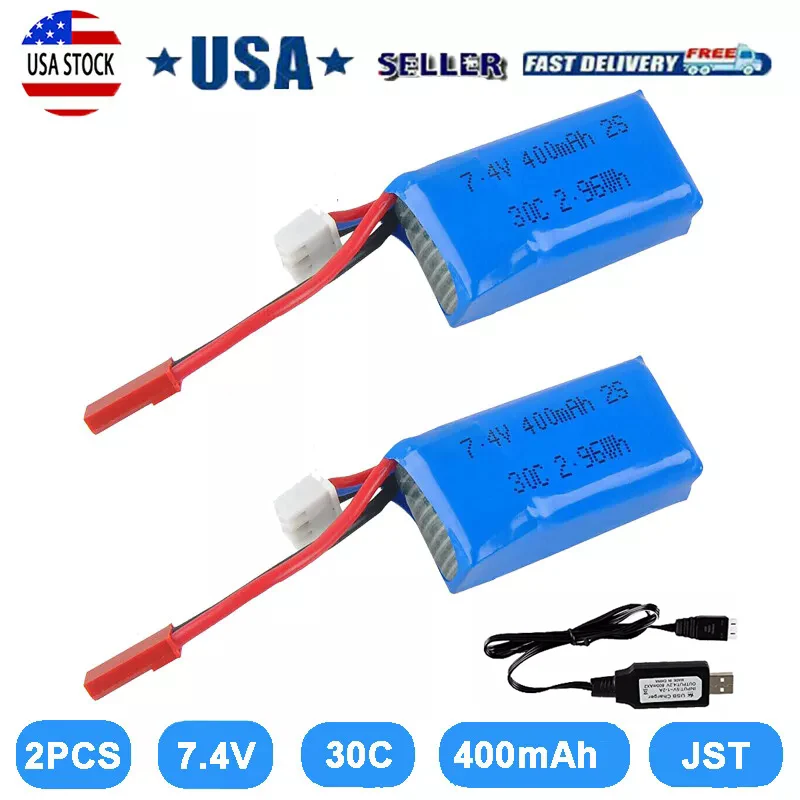 2 Packs 7.4V 400mAh 30C 2S Lipo Battery JST plug for RC Airplane Quadcopter Micro FPV Drone Helicopter Toy Spare Parts