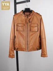 Veste de moto en cuir de mouton véritable vintage pour femmes, manteau court punk, vestes cargo de rue, col montant, printemps, automne