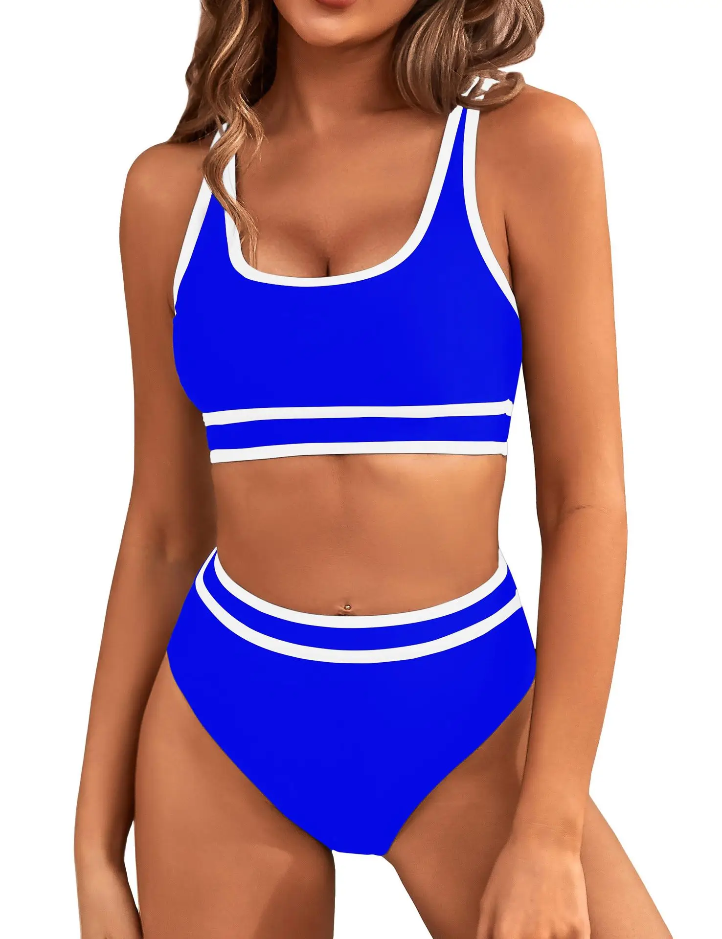 Women\'s High Waisted Bikini Sets 2024 New Sporty Two Piece Swimsuits Color Block Cheeky High Cut Bathing Suits Summer Biquini