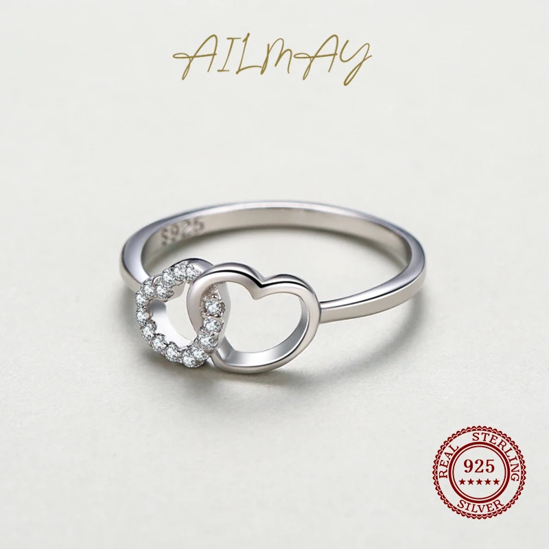 Ailmay Simple 925 Sterling Silver Sweet Heart to Heart Ring For Women Fine Wedding Fashion Jewelry