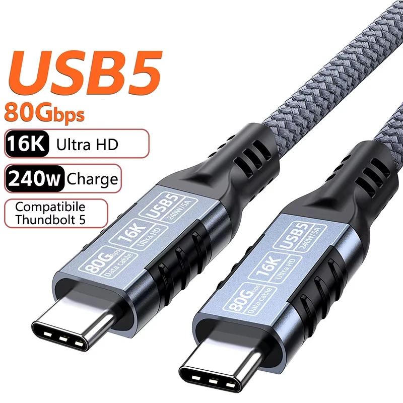 Hannord 80Gbps Thunderbolt 5/4 USB 5 Cable 240W 16K@60Hz Type C Fast Charging USB C to C Data transfer Cord for MacBook Pro/Air