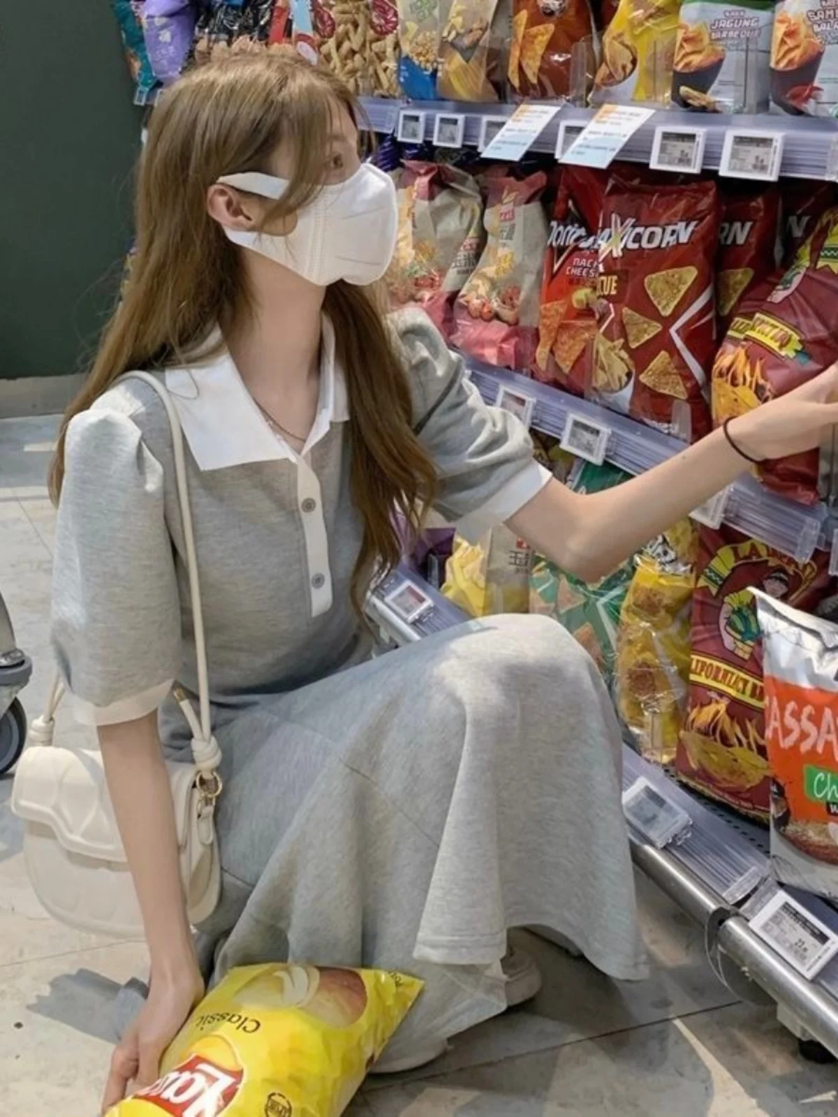 Sweet Preppy Sle  Collar Dr Korean Version High Waist Bubble Sve Long Skirt for Junior And High School Students