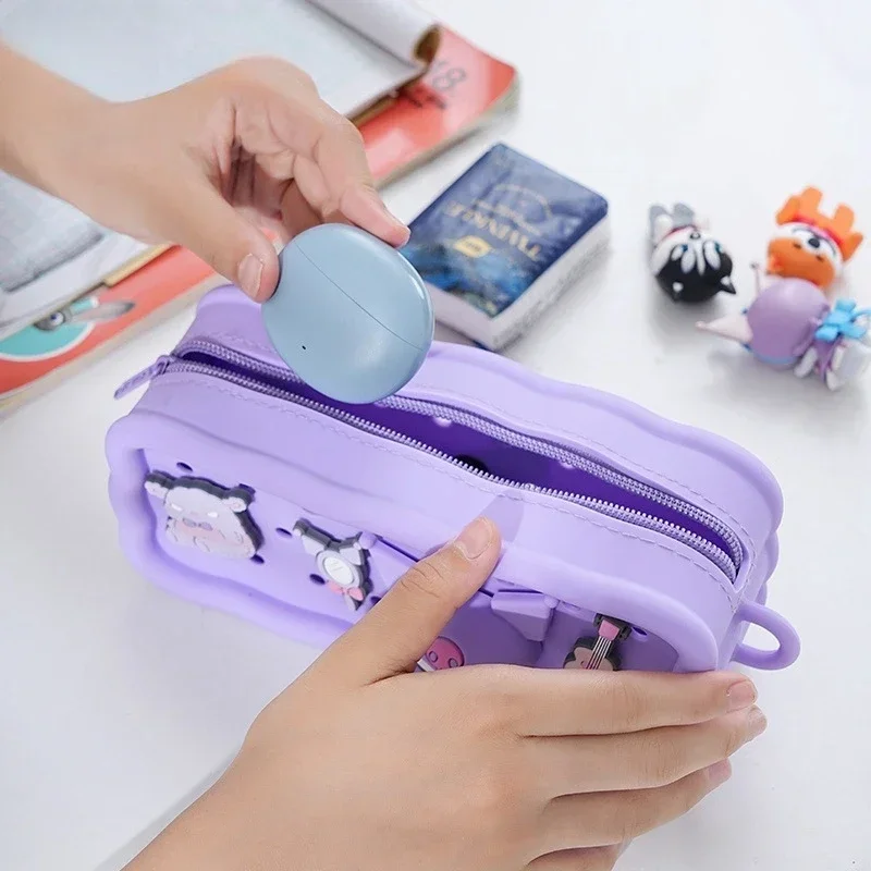 Sanrio Kawaii Silicone Pencil Case Kuromi Cinnamoroll My Melody Cartoon Diy Student Multifunctional Storage Bag Stationery Gift