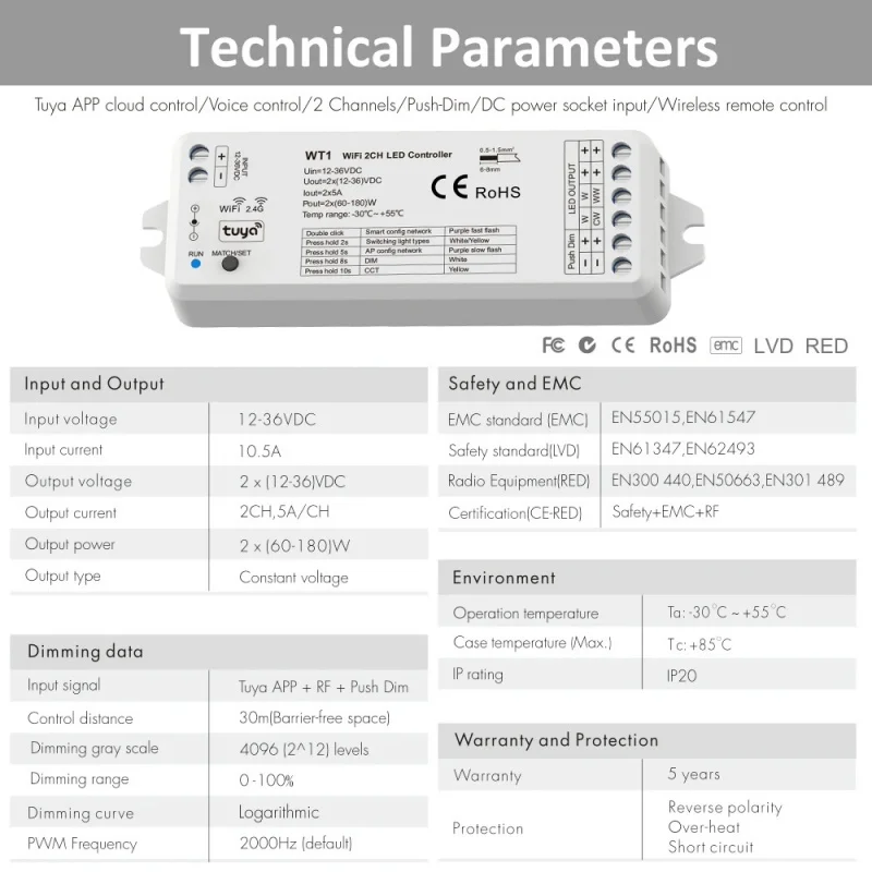 Tuya WT1 LED Dimmer DC 12V 24V 36V WiFi 2CH LED Controller 2 in 1 per WW/CW/CCT Led Strip Smart Life 2.4G RF Wireless Remote