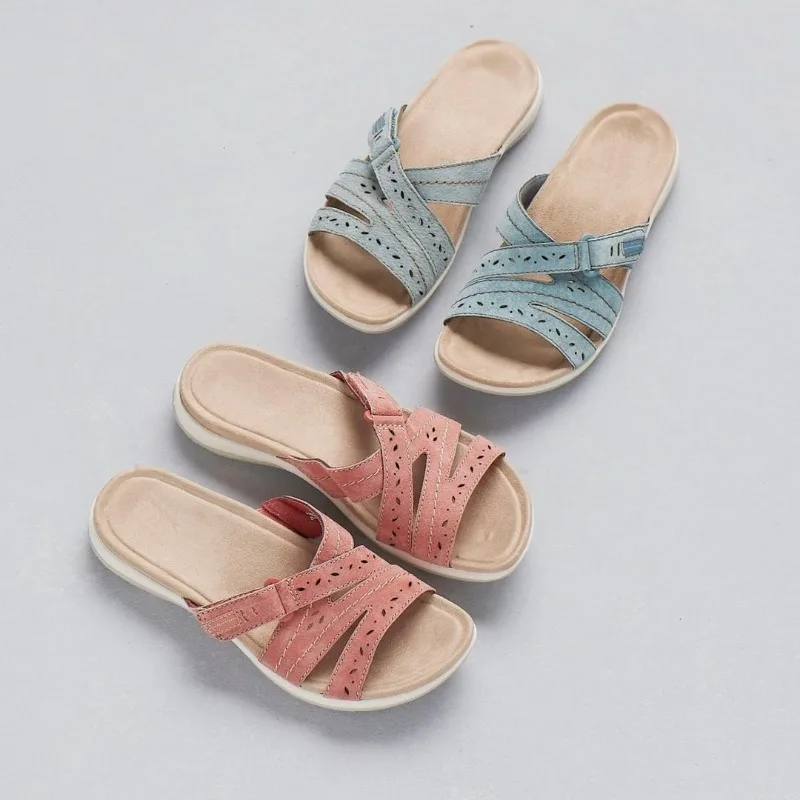 Sandálias Retro Confortáveis e Ortopédicas para Mulheres, Design de Verão com Fecho de Velcro, Calçados Femininos, Chinelos com Salto