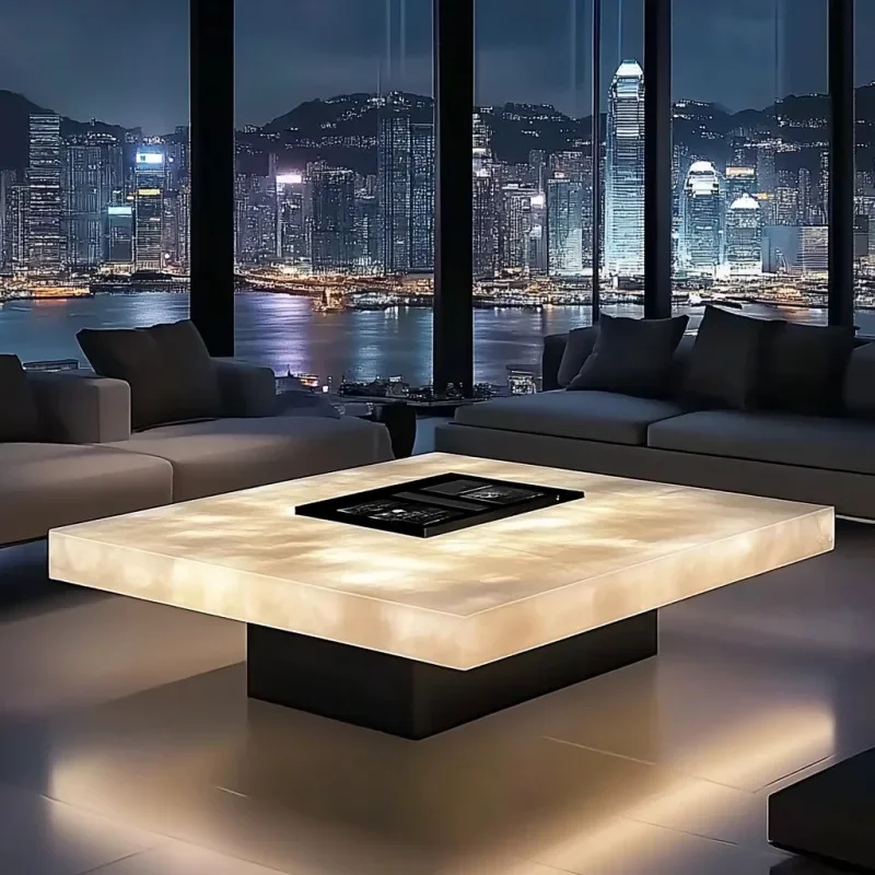 Modern wabi sandy wind luminous jade coffee table luxury stone marble small apartment large flat floor apartment living room