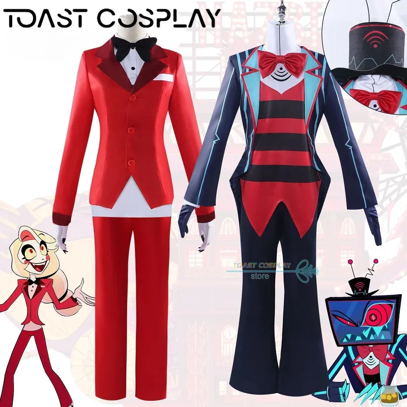 Anime Hazbin Cosplay Hotel Charlie Cosplay Costume Red Uniform Bow Tie Vox Role Play Costume Hat Halloween Carnival Party Outfit