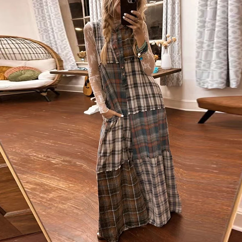 Casual Women O Neck Loose Commuting Romper Sexy Sleeveless Hollow Wide Leg Jumpsuit Summer Vintage Plaid Print Pocket Playsuit