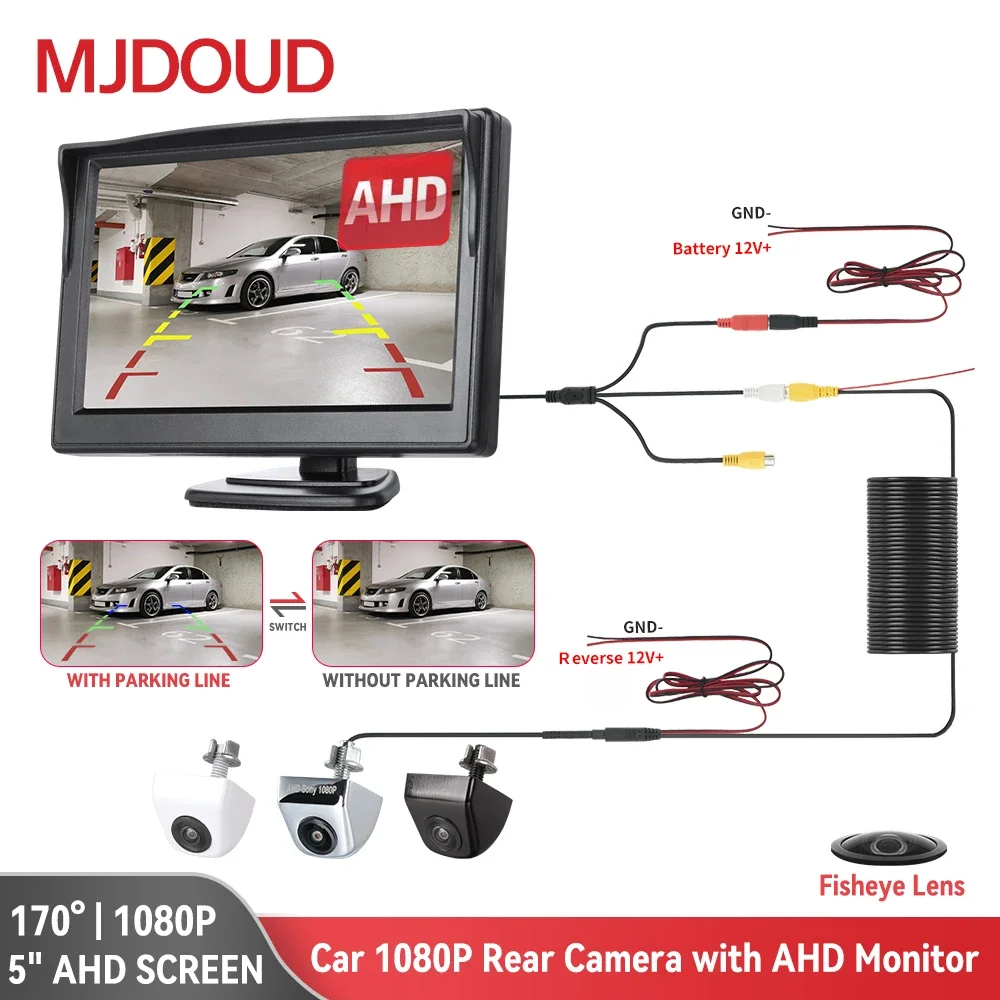 

MJDOUD Car Rear View Camera with AHD Monitor for Video Auto Parking 5"Screen Vehicle HD Reversing Camera Starlight Night Vision