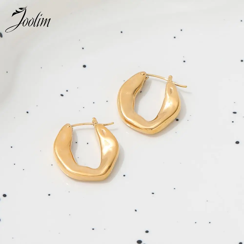 Joolim Jewelry High Quality PVD Trendy Geometric Irregular Rhombus Wrinkle Stainless Steel Hoop Earring for Women