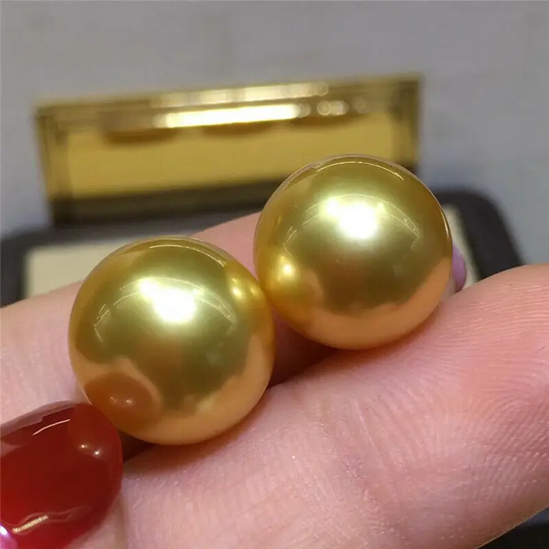 Gorgeous AAAAA Huge a pair 11-12mm Round South Sea Golden pearl arring 14K Yellow Gold