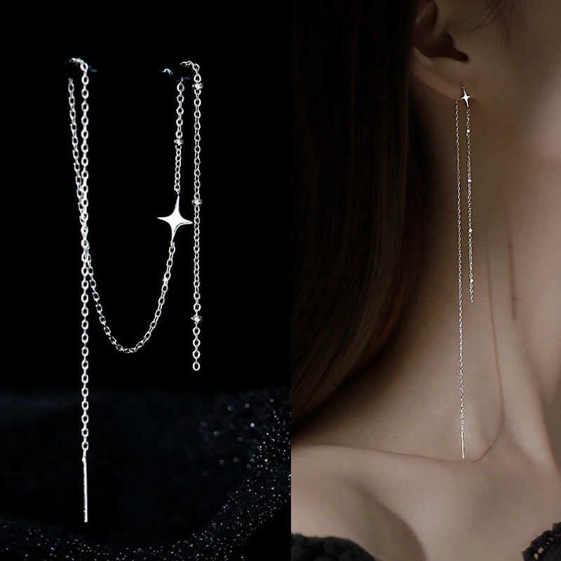 1 unidad S925 aguja de plata borla larga estrella oreja línea pendientes colgantes moda mujer joyería fina pendientes para niñas regalo de fiesta