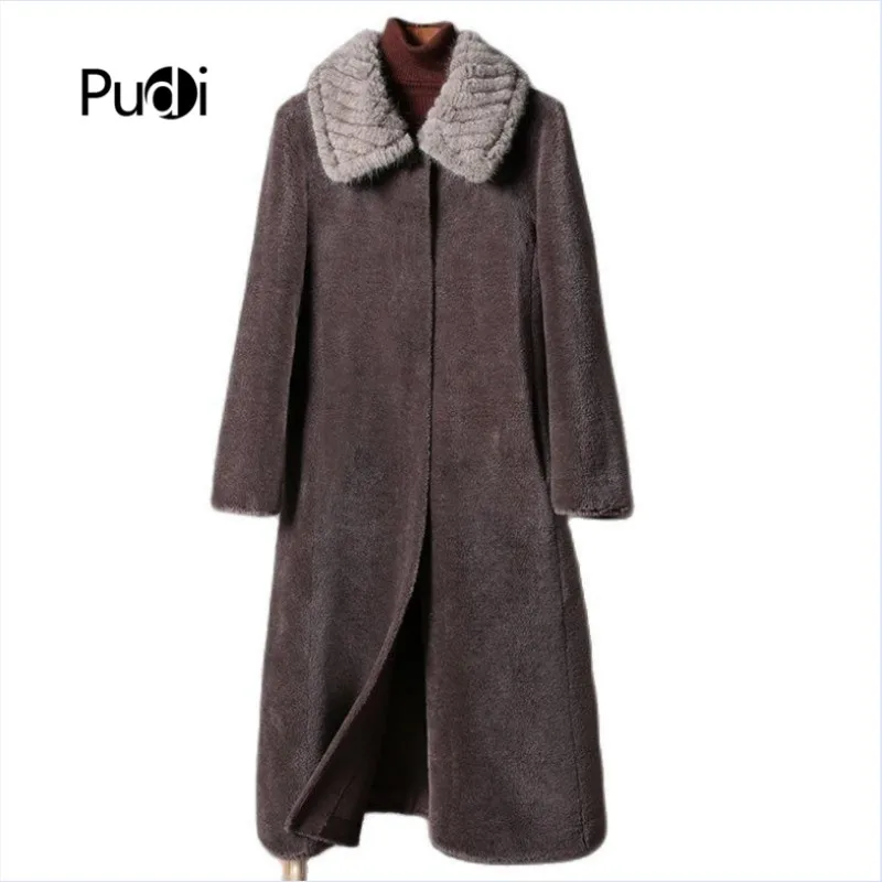 

Pudi Women Real Wool Fur Coat Trench Winter Female Warm Sheep Fur Jacket Parka With Mink Fur Collar CT084