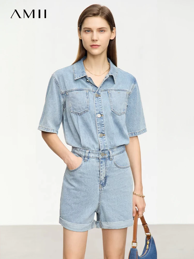 

AMII Minimalism Short Jumpsuits for Women 2023 Summer New Turndown Collar Drop Short Sleeves Straight Chic Denim Shorts 12342563