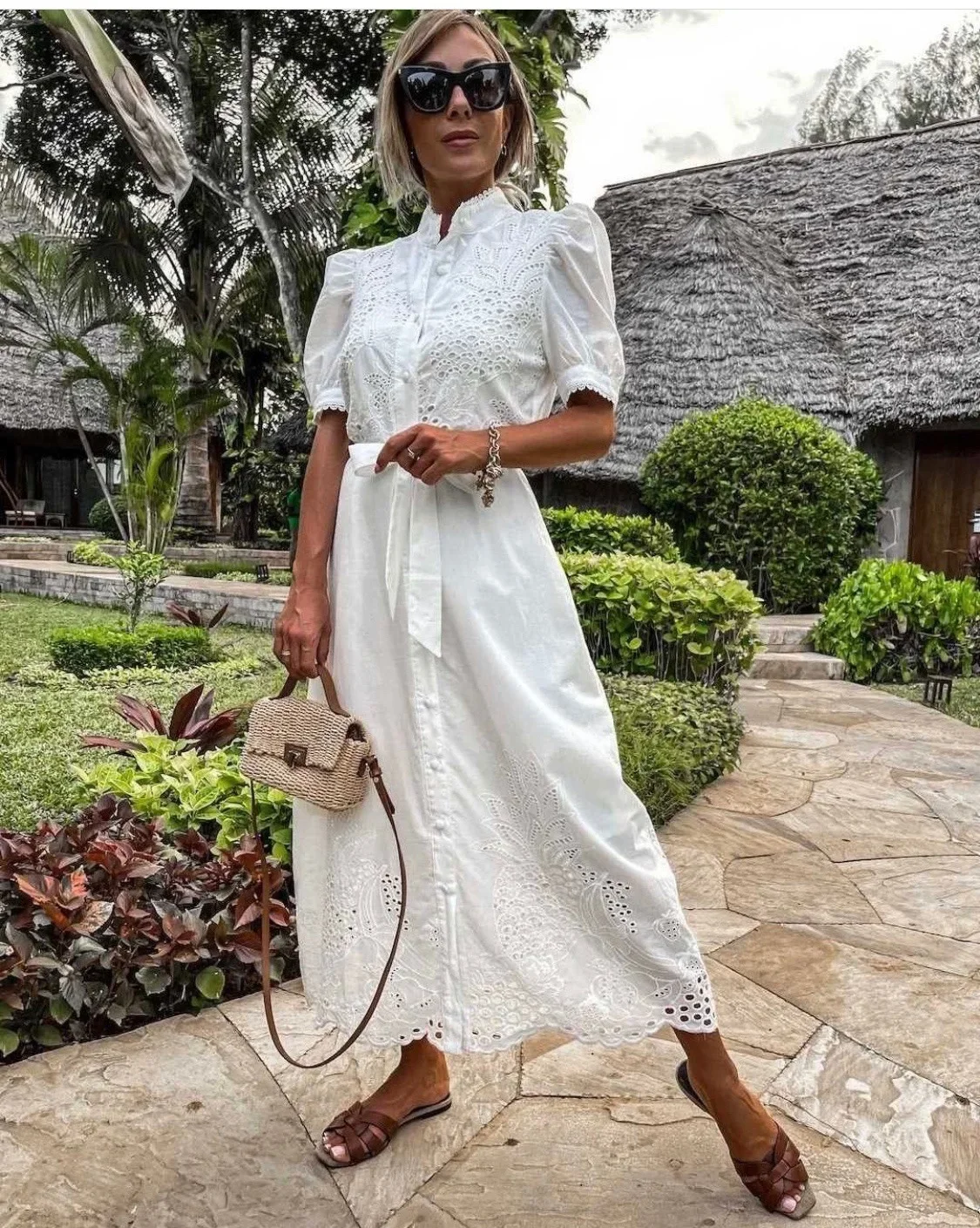 Sukienka damska na wiosnę i lato, sznurowana, ażurowa, elegancka, zapinana na guziki, z bufiastymi rękawami, długa sukienka maxi, sukienka w stylu bohemy, sukienka letnia, sukienka na imprezę.