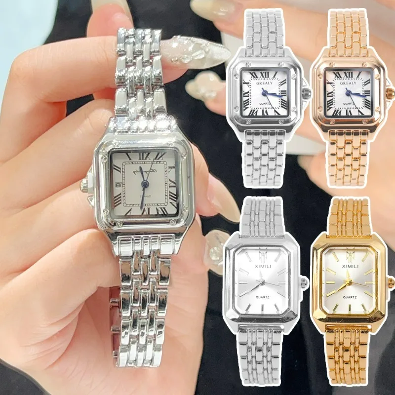 

Luxury Lady Square Quartz Watch Stainless Steel Women Simple Scale Quality Gold Plated Fashion Female Watch Roman Scale Clock