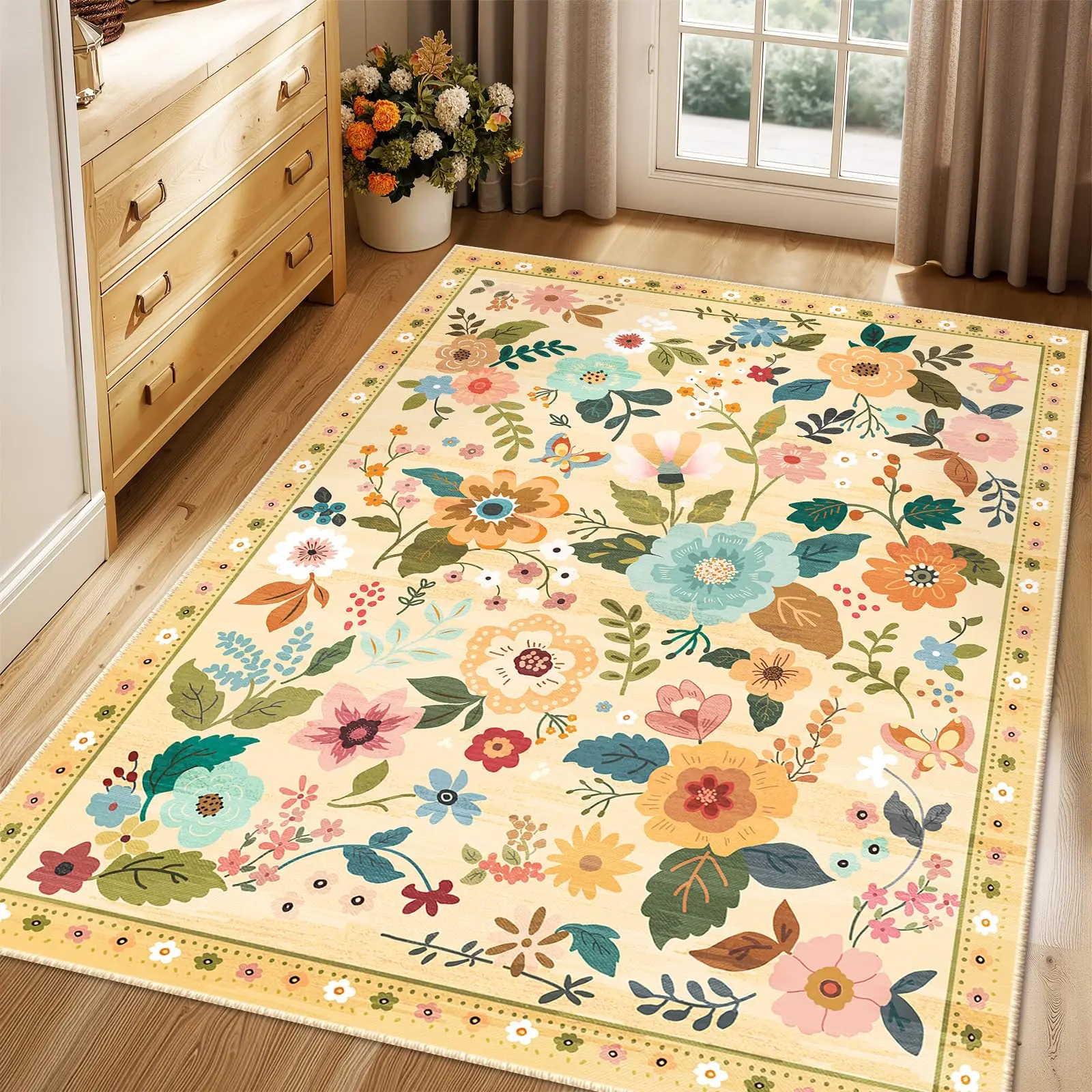 

Yellow Flowers Rugs for Bedroom Boys Living Room Hallway Entryway Dorm Boho Floral Carpets Floor Mat Indoor Doormat