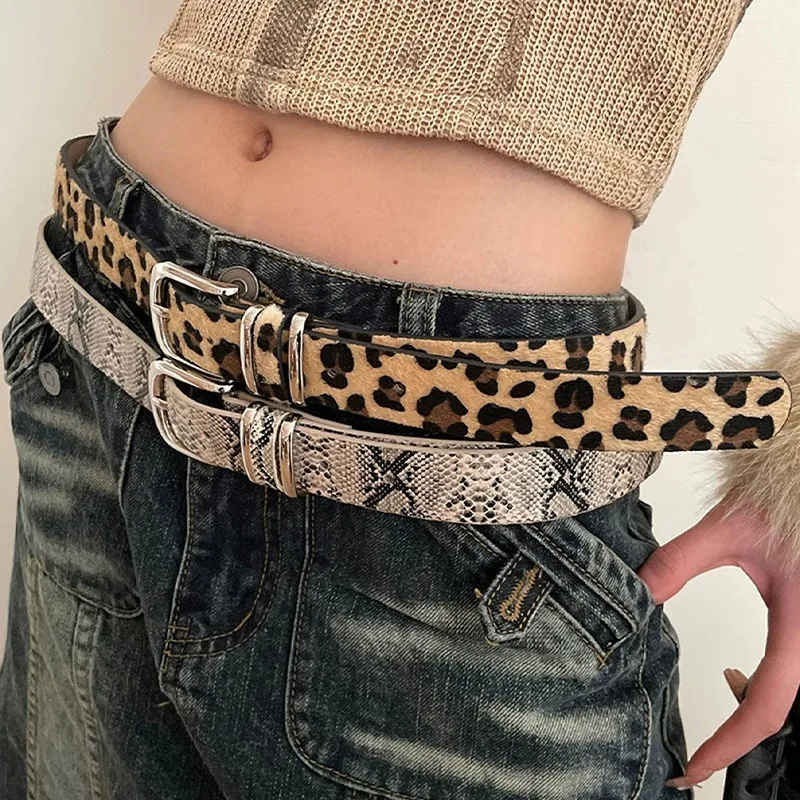 American Snake Skin Leopard Print Versatile Belts Fashion Pu Leather Girdle Retro Pin Buckle Jeans Dress Accessories Waistband